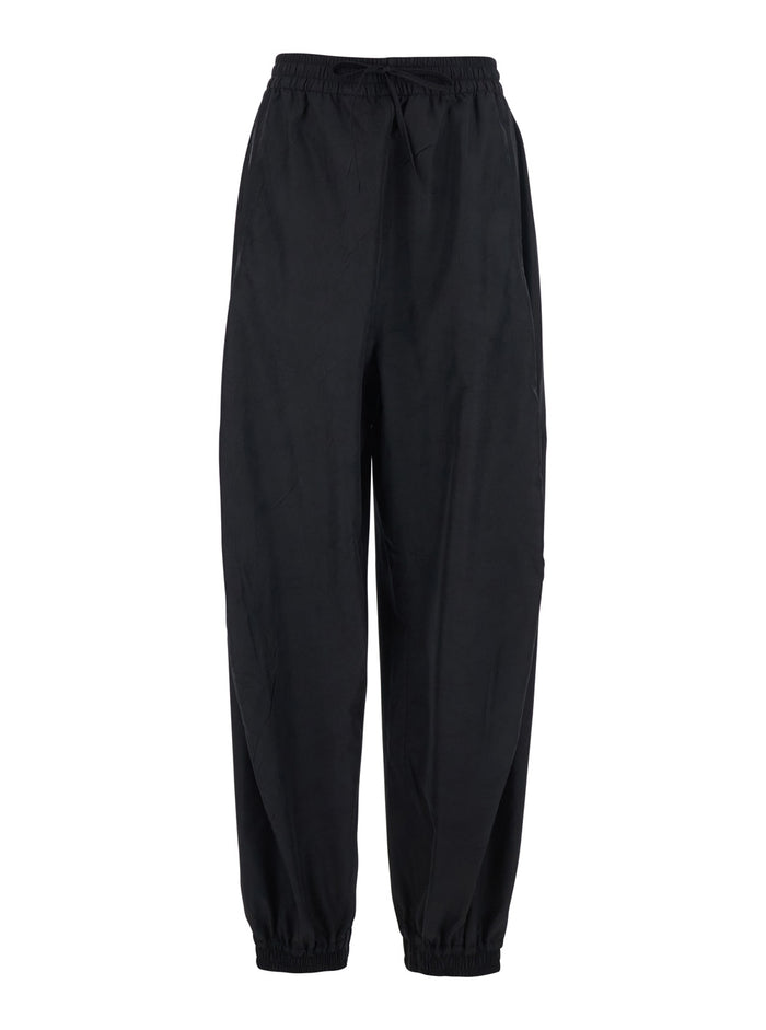 Balloon Pants with Elastic Waist and Drawstring in Black Tech Fabric for Women Polyester Trousers