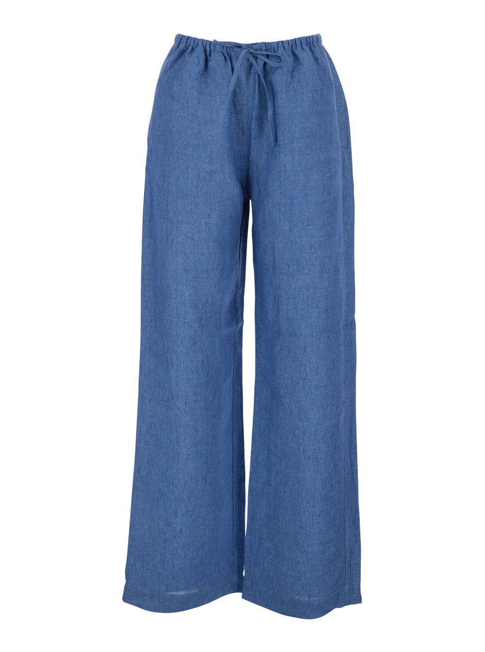 Blue Linen Pants with Elastic Waist and Drawstring for Women Blu Trousers