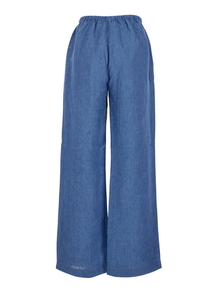 Blue Linen Pants with Elastic Waist and Drawstring for Women Blu Trousers