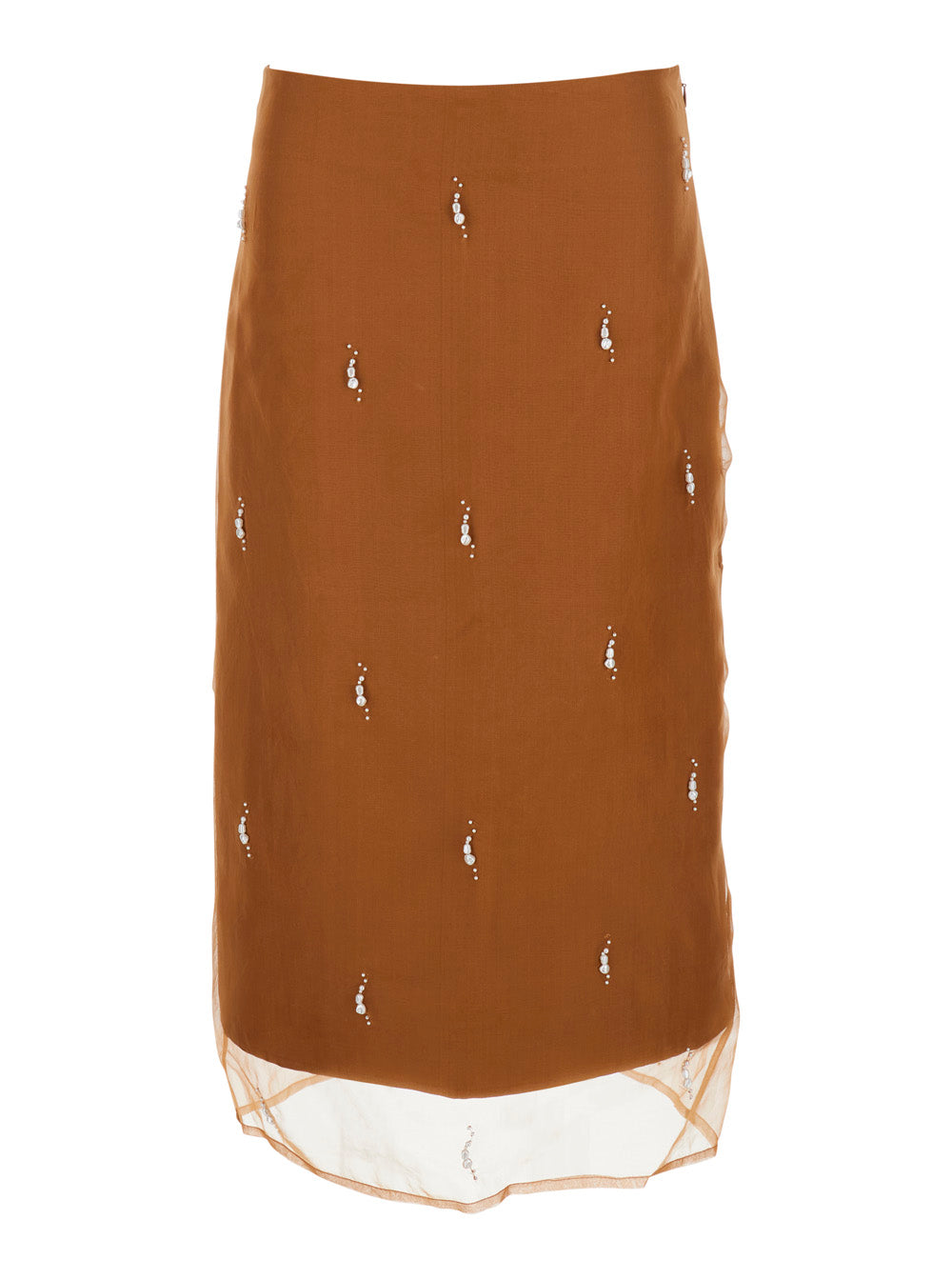 Silk Skirt with Pearl Embroidery and Brown Tulle Hem for Women