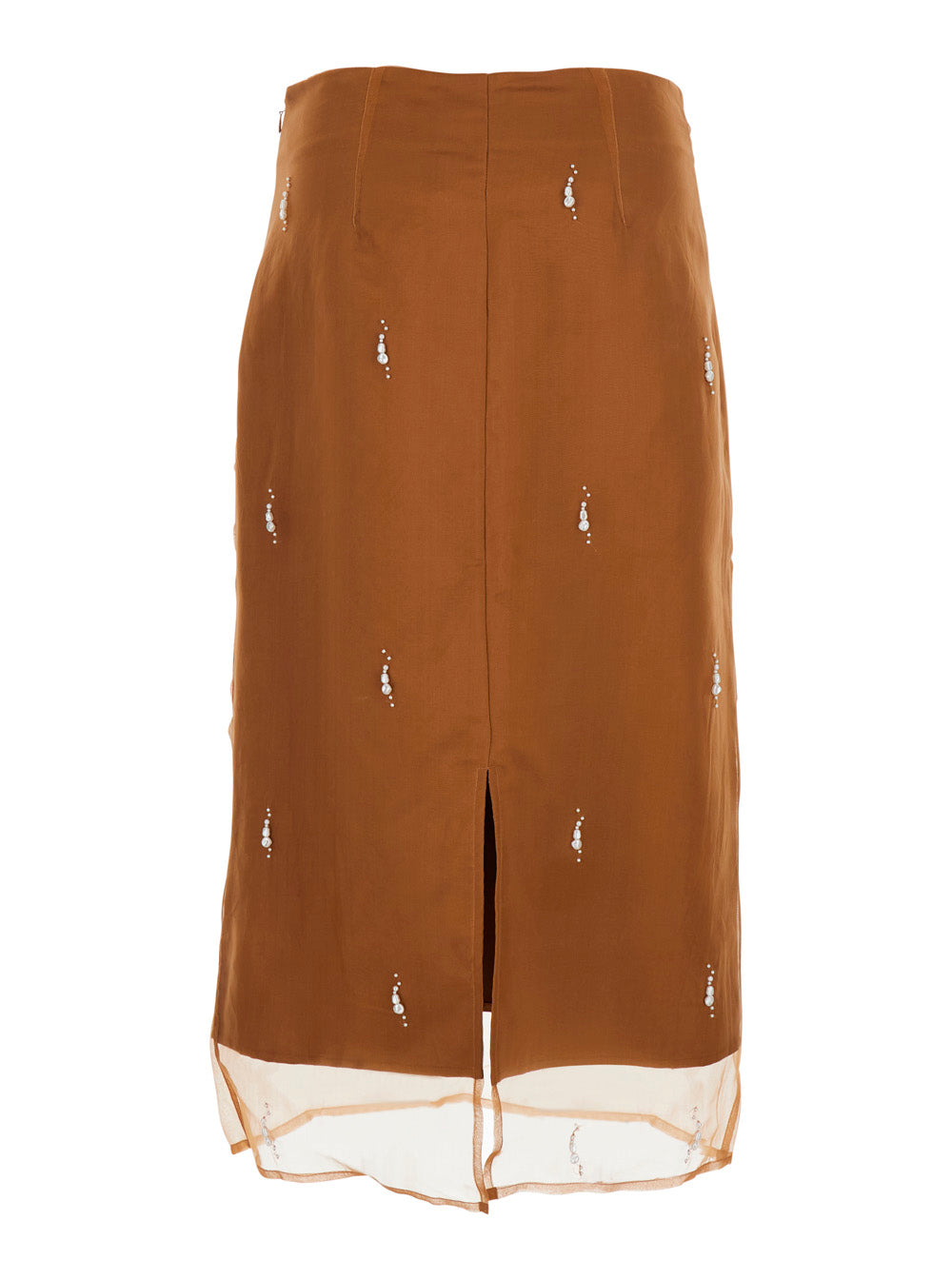 Silk Skirt with Pearl Embroidery and Brown Tulle Hem for Women