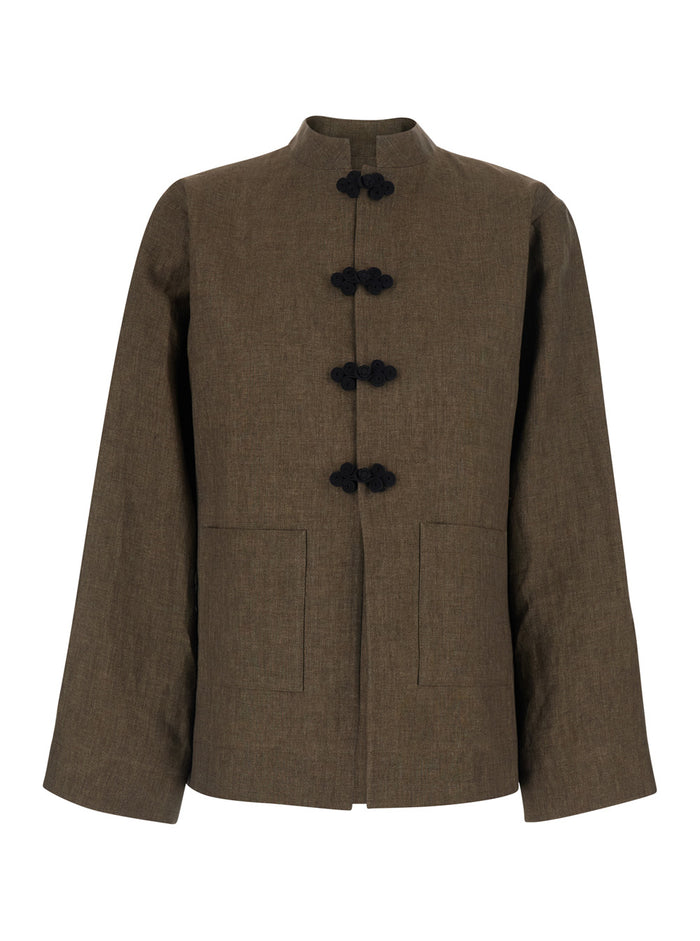 Brown Linen Mandarin Jacket Blazers