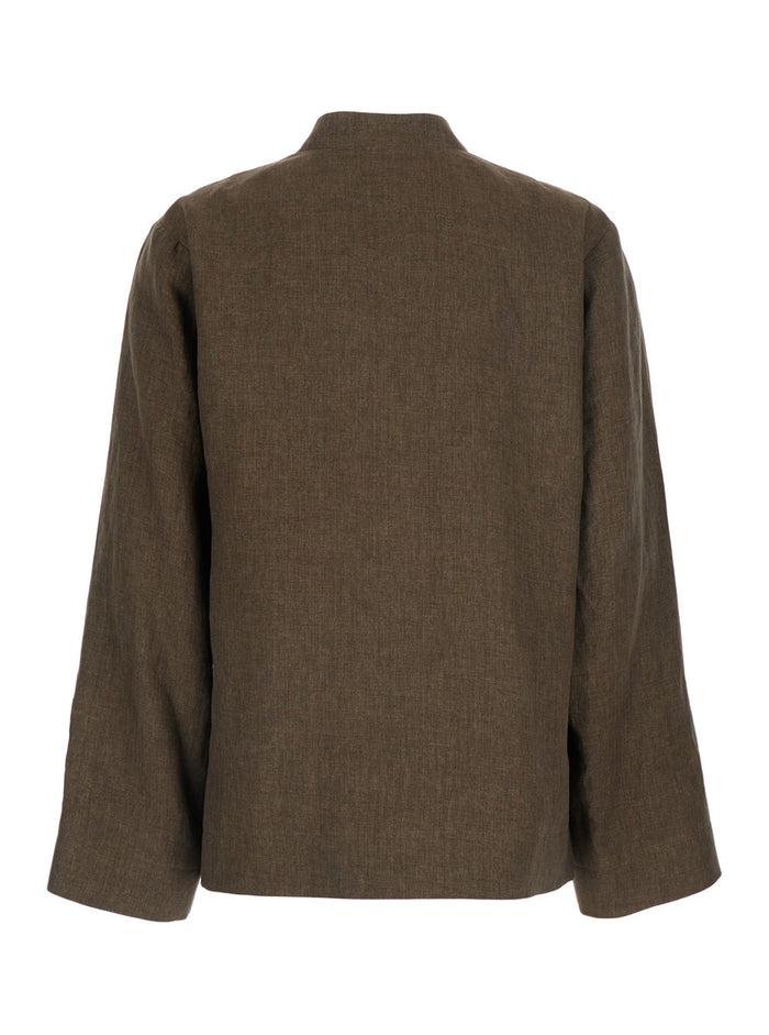 Brown Linen Mandarin Jacket Blazers
