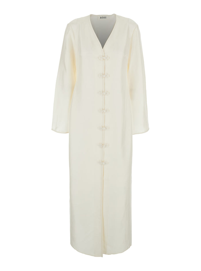 Mandarin Closure Silk Dress White Long