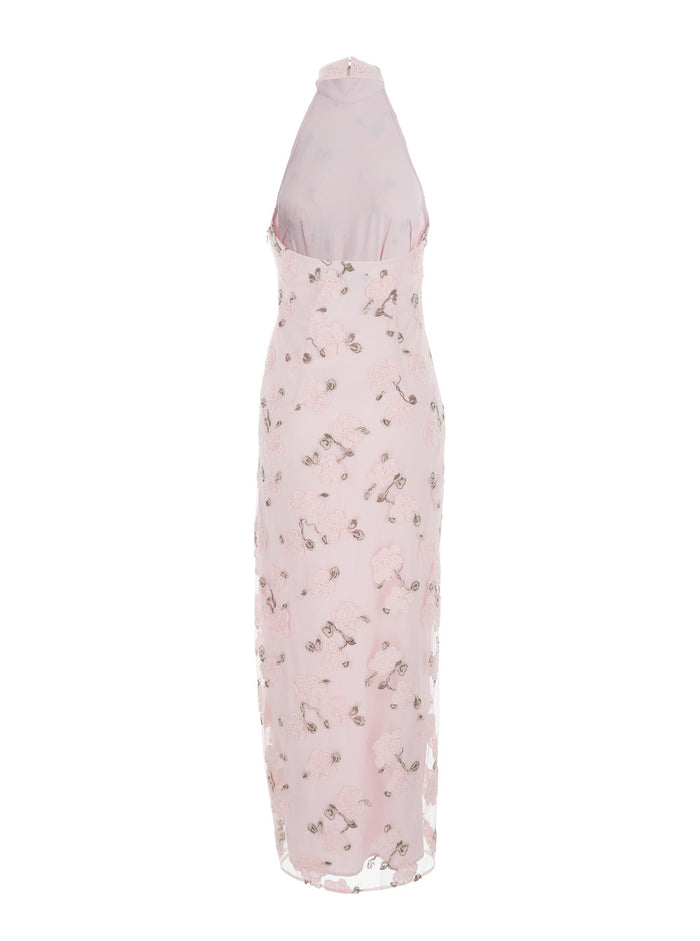 Long Dress Floral with Open Back in Pink Fabric for Women Polyester