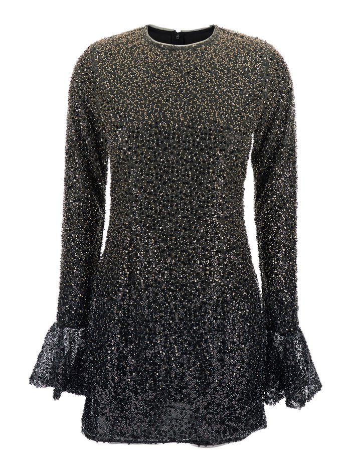 Dress With All-Over Applied Beads And Flared Hems Metallic Fabric For Women