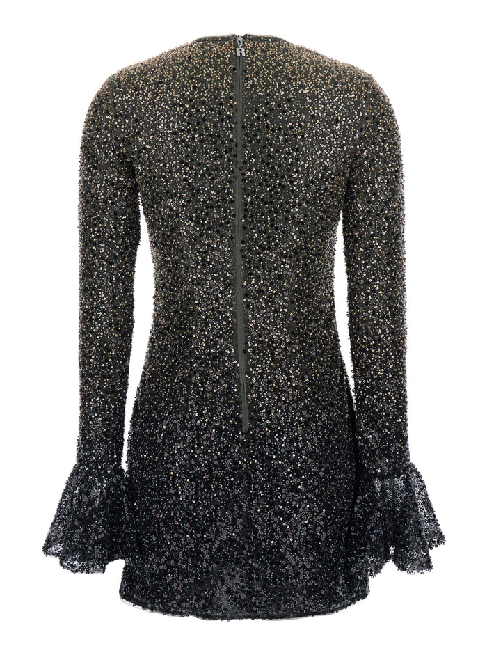 Dress With All-Over Applied Beads And Flared Hems Metallic Fabric For Women