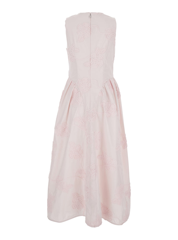 Long Dress Sleeveless with Round Neck and All-Over Floral Embroidery in Stretch Tech Fabric Pink Women Polyester Elastane