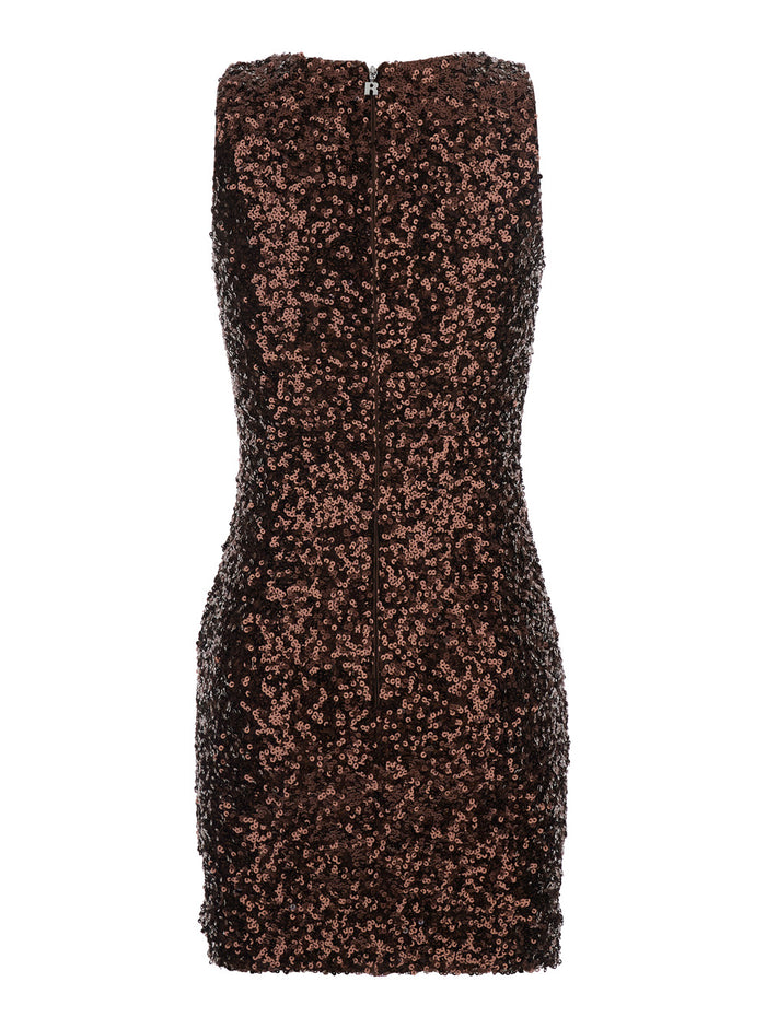 Dress With U-Neck And All-Over Applied Sequins Brown For Women