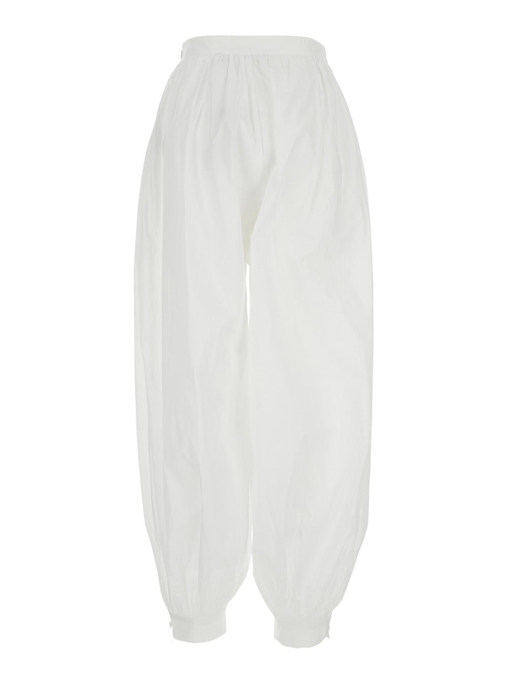 White Crop Pants With Elastic Waist And Balloon Design In Cotton Woman Trousers