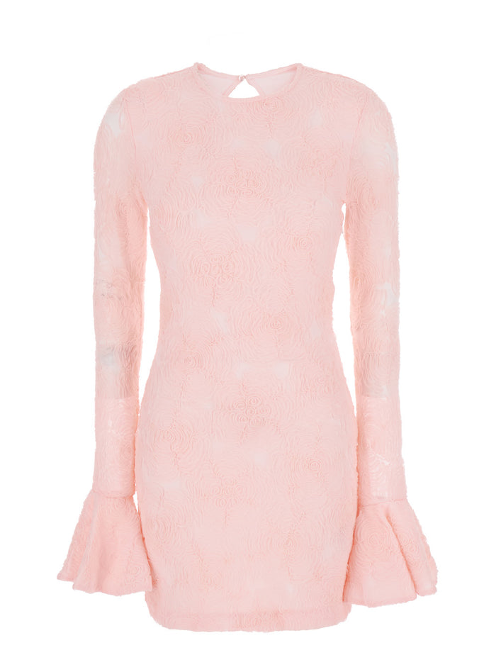 Dress With Drop Neckline On The Back And All-Over Embroidered Floral Motif Pink Fabric For Women