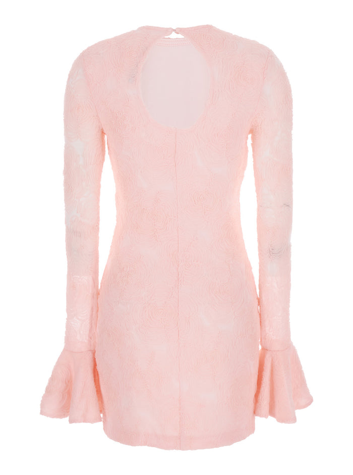 Dress With Drop Neckline On The Back And All-Over Embroidered Floral Motif Pink Fabric For Women