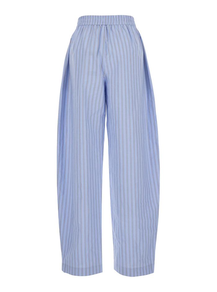 Blue Pants with Elastic Waist and Striped Design in Cotton Poplin for Women Light Biologic Trousers