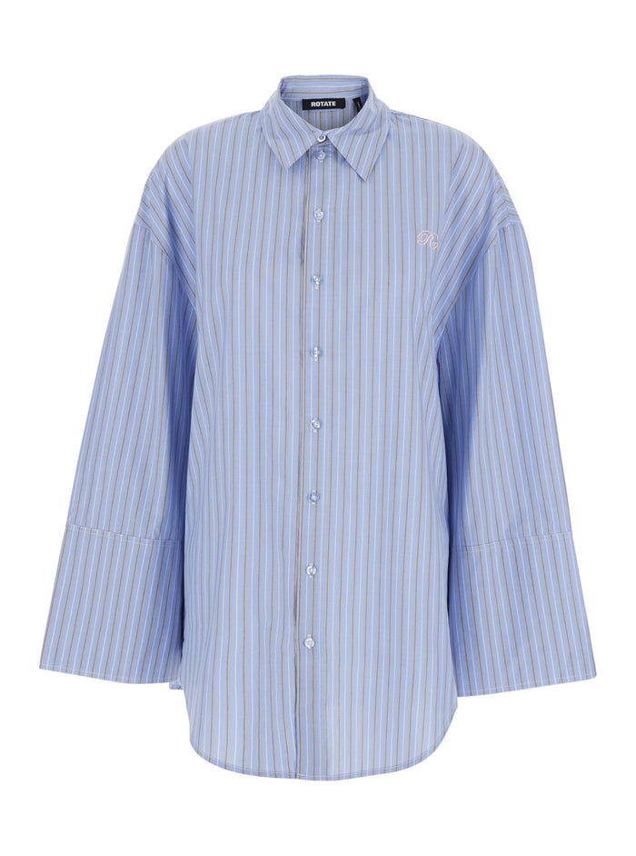 Oversized Shirt with All-Over Stripes Motif and Embroidered Logo on the Front in Light Blue Cotton Poplin for Women Blouses
