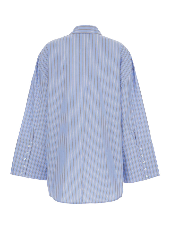 Oversized Shirt with All-Over Stripes Motif and Embroidered Logo on the Front in Light Blue Cotton Poplin for Women Blouses