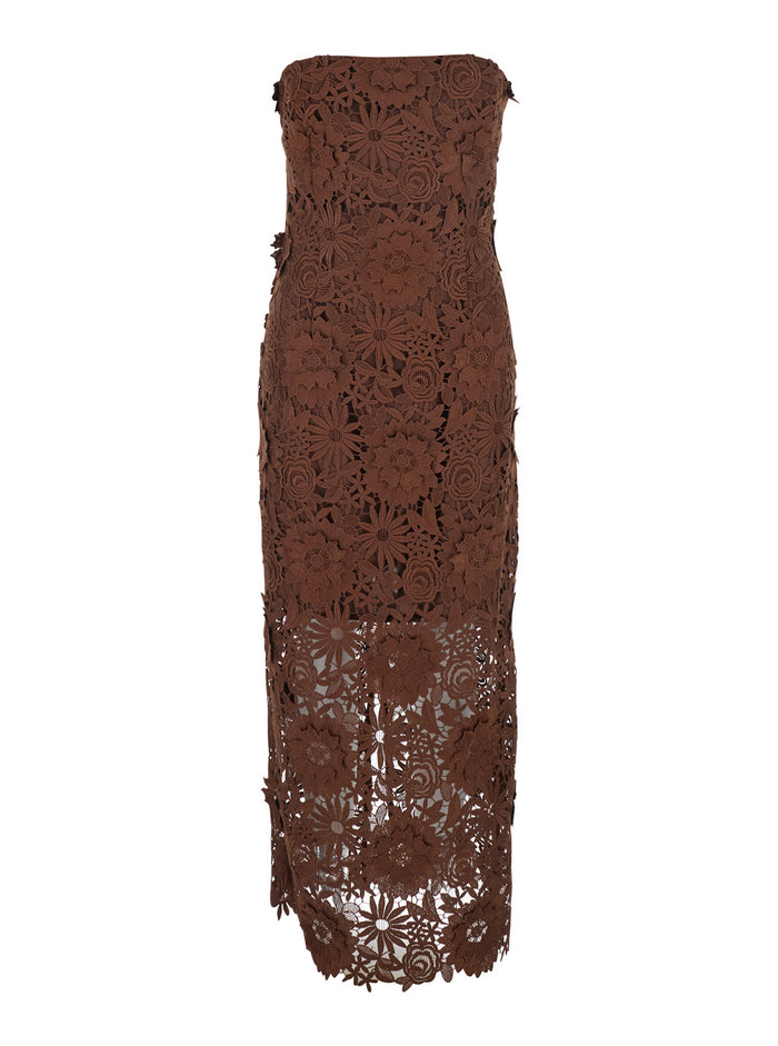 Midi Dress 3d Lace Brown With Details In Polyester For Women