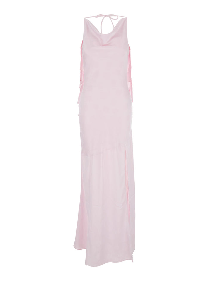 Long Dress Rosa with Back Opening and Draped Details in Pink Fabric for Women Polyester