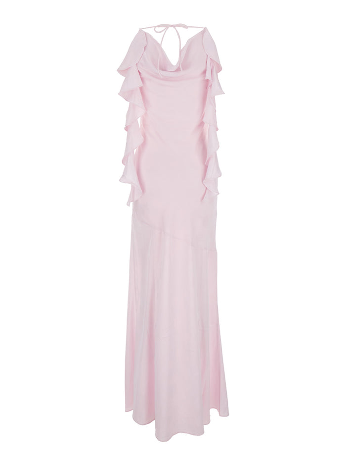 Long Dress Rosa with Back Opening and Draped Details in Pink Fabric for Women Polyester