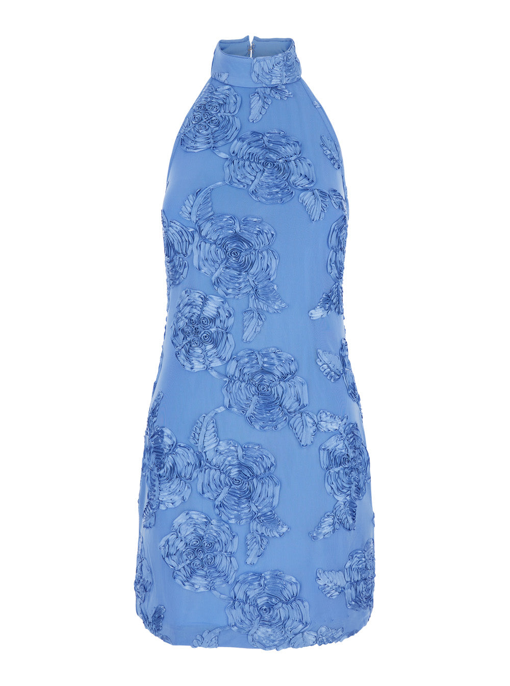 Blue Floral Dress with High Neck and All-Over Motif in Womens Fabric Light Polyester