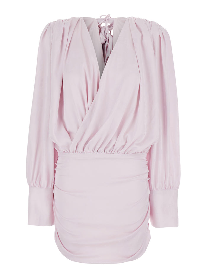 Dress With Deep V-Neck And Draped Design Pink Silk For Women