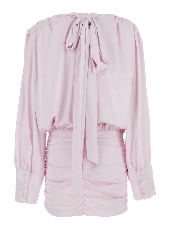 Dress With Deep V-Neck And Draped Design Pink Silk For Women