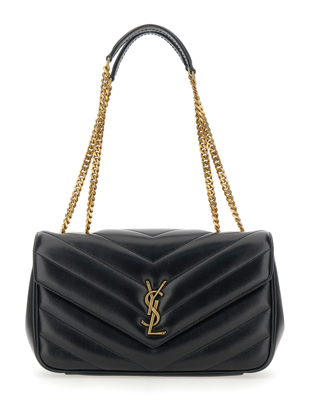 Loulou Medium Shoulder Bag With Chain Strap And Cassandre Plaque On Front Black Quilted Leather For Women Lamb Crossbody