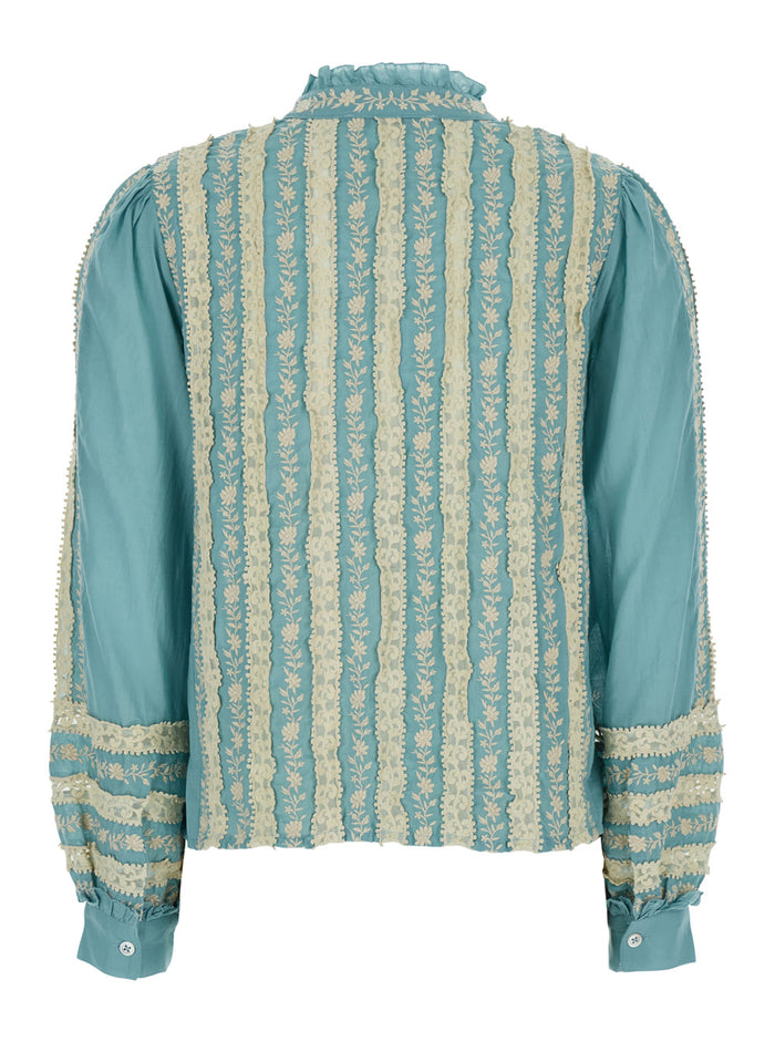 Kirsten Print L-Slv Top Light Blue Cotton Shirts And Blouses