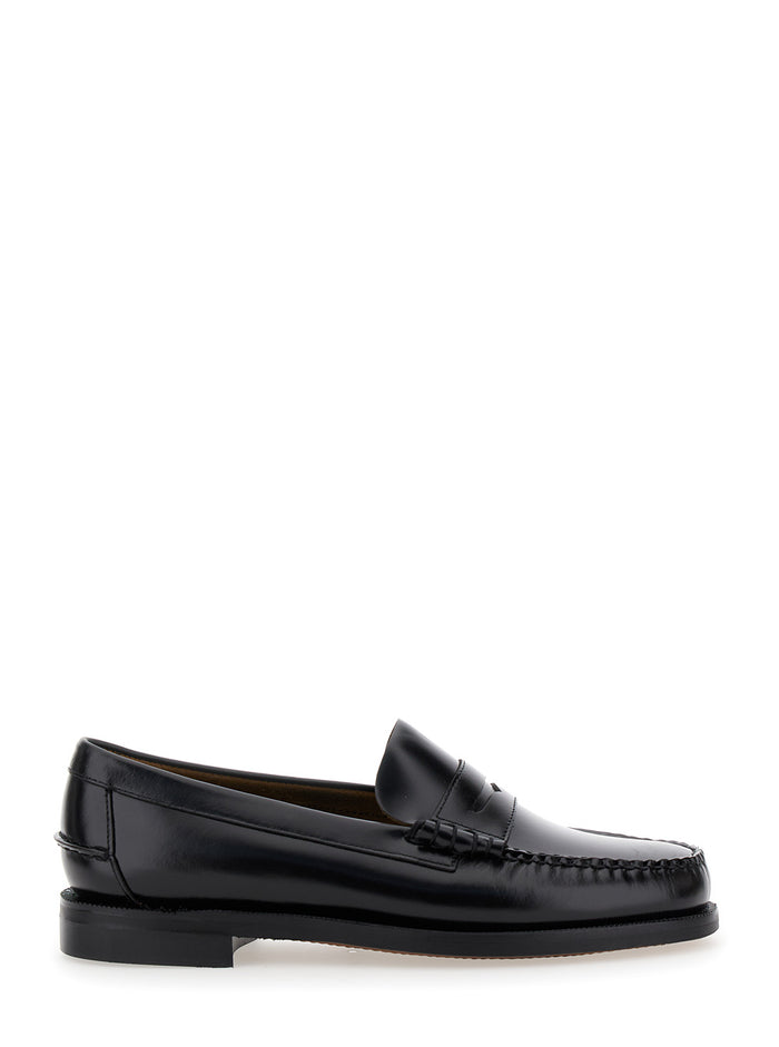 Mens Black Leather Pull-On Loafers