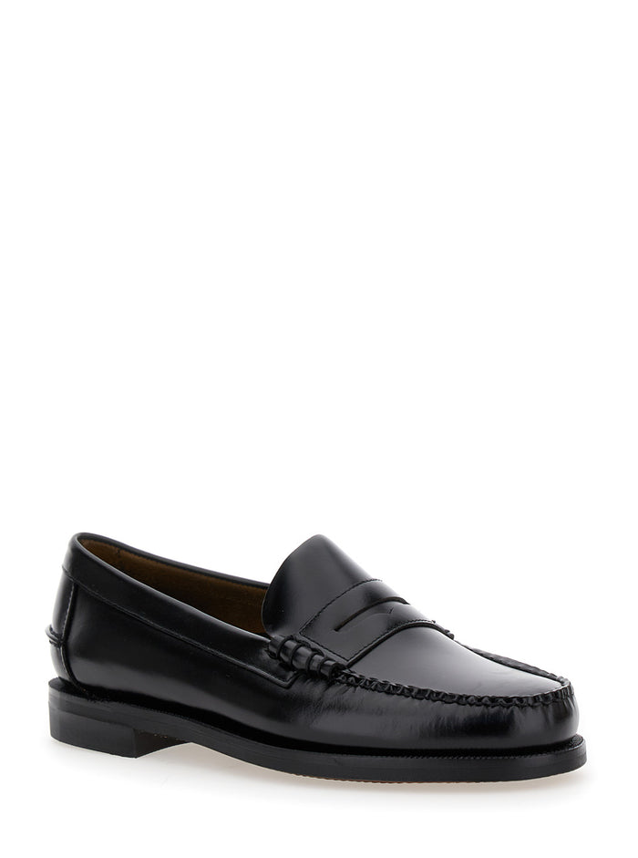 Mens Black Leather Pull-On Loafers