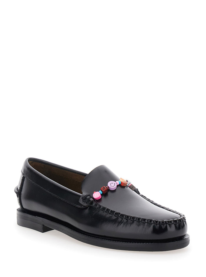 FRANK BEADS WOMAN Black Leather Loafers
