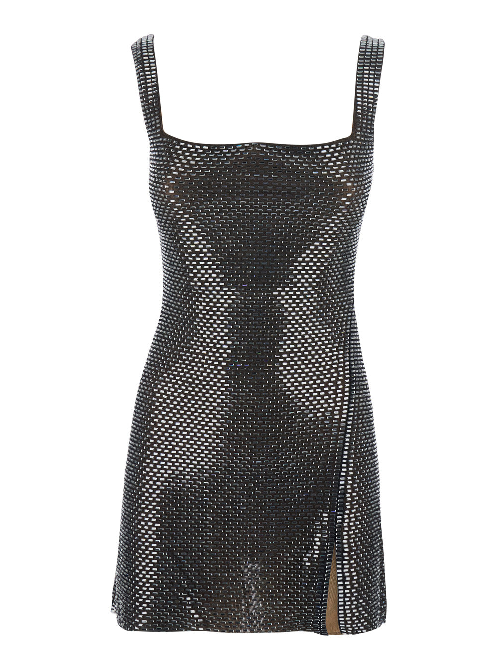 Gunmetal Grey Dress with Thin Straps and All-Over Rhinestone Application in Tech Fabric Woman Polyester