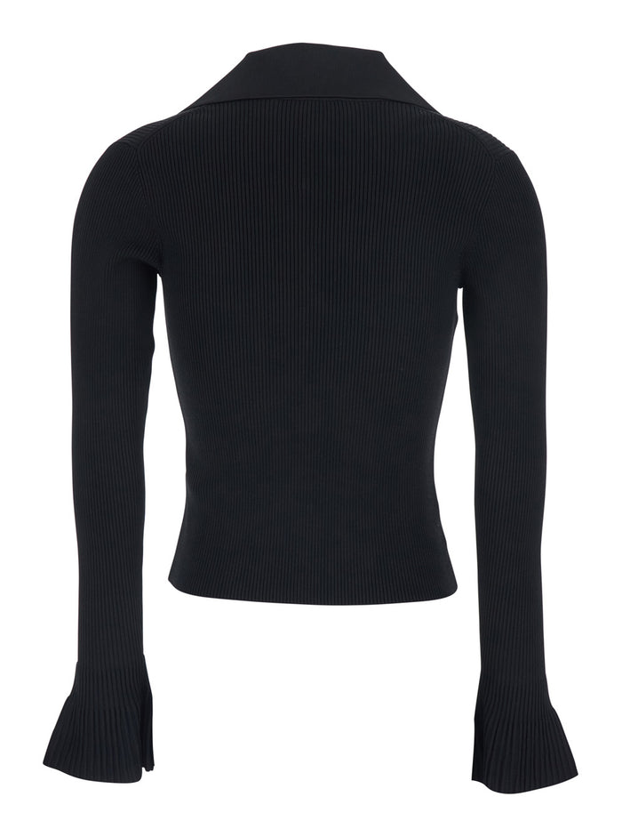 Dress With Oversized Collar And Ribbed Design Viscose Blend Black Women Polyester Polyamide