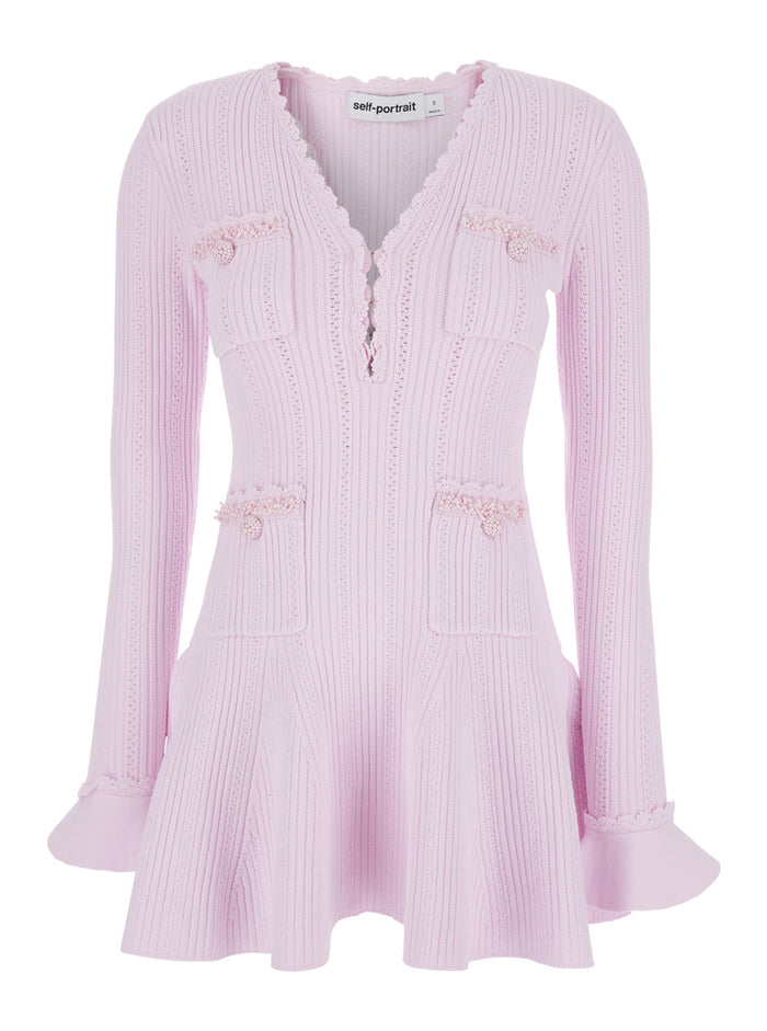 Dress Pink With V-Neck And Beaded Details Viscose Blend For Women Polyamide Elastane