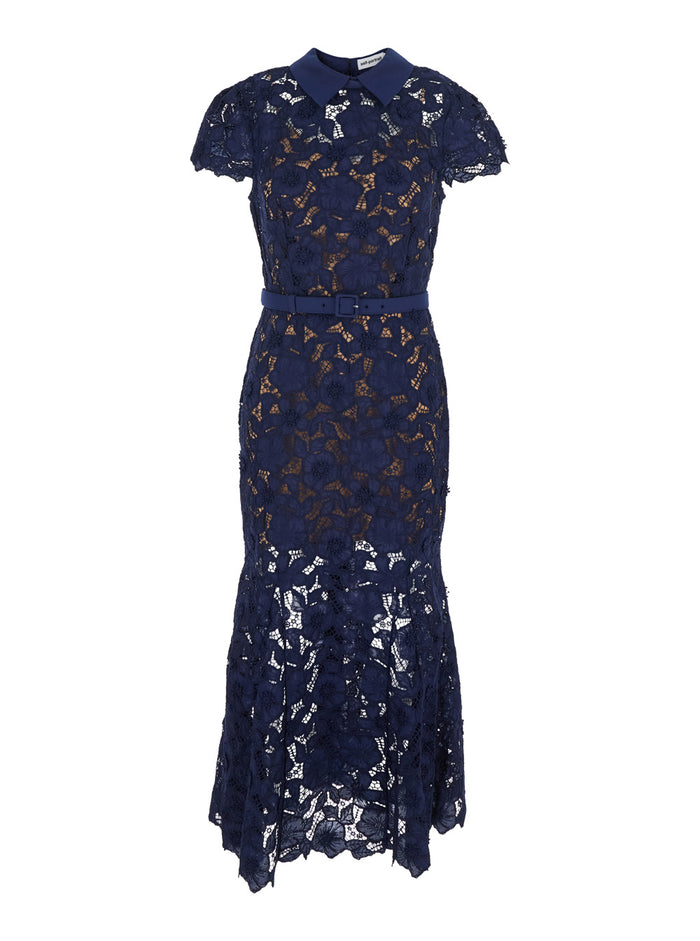Long Guipure Dress With Lace Design And Adjustable Waist Belt Blue For Women Blu Polyester