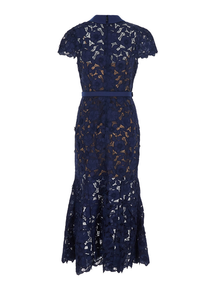 Long Guipure Dress With Lace Design And Adjustable Waist Belt Blue For Women Blu Polyester