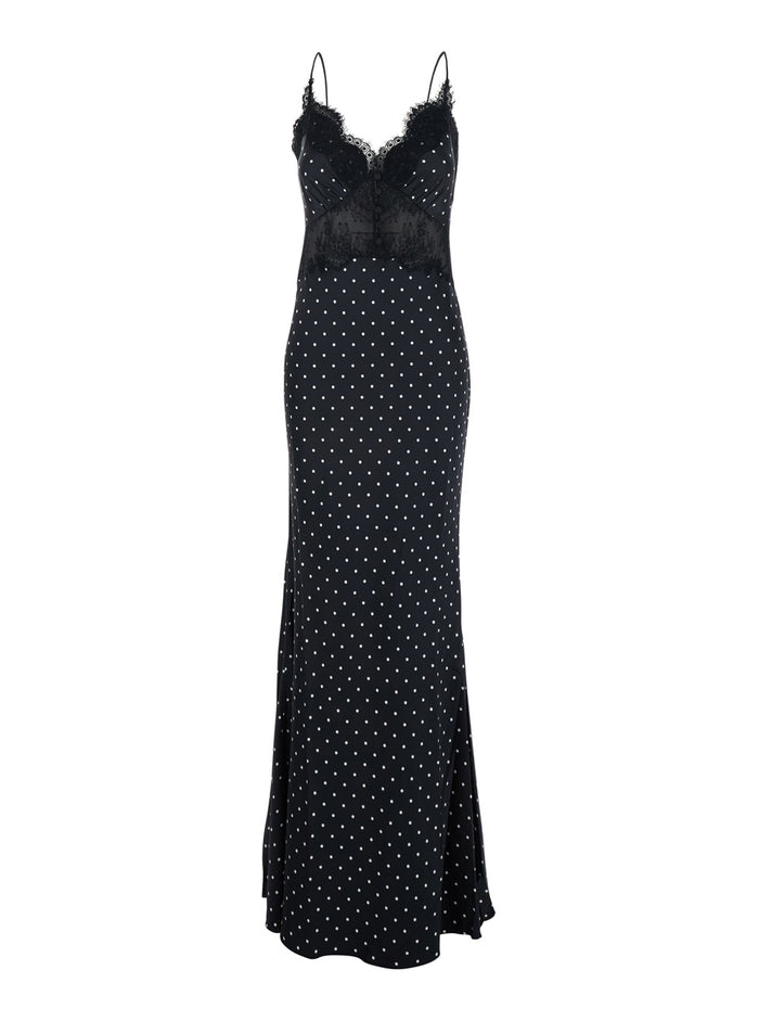Long Black Dress With Thin Straps And All-Over Polka Dot Motif Fabric For Women Polyamide