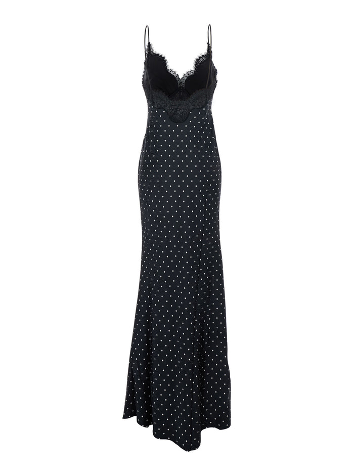 Long Black Dress With Thin Straps And All-Over Polka Dot Motif Fabric For Women Polyamide
