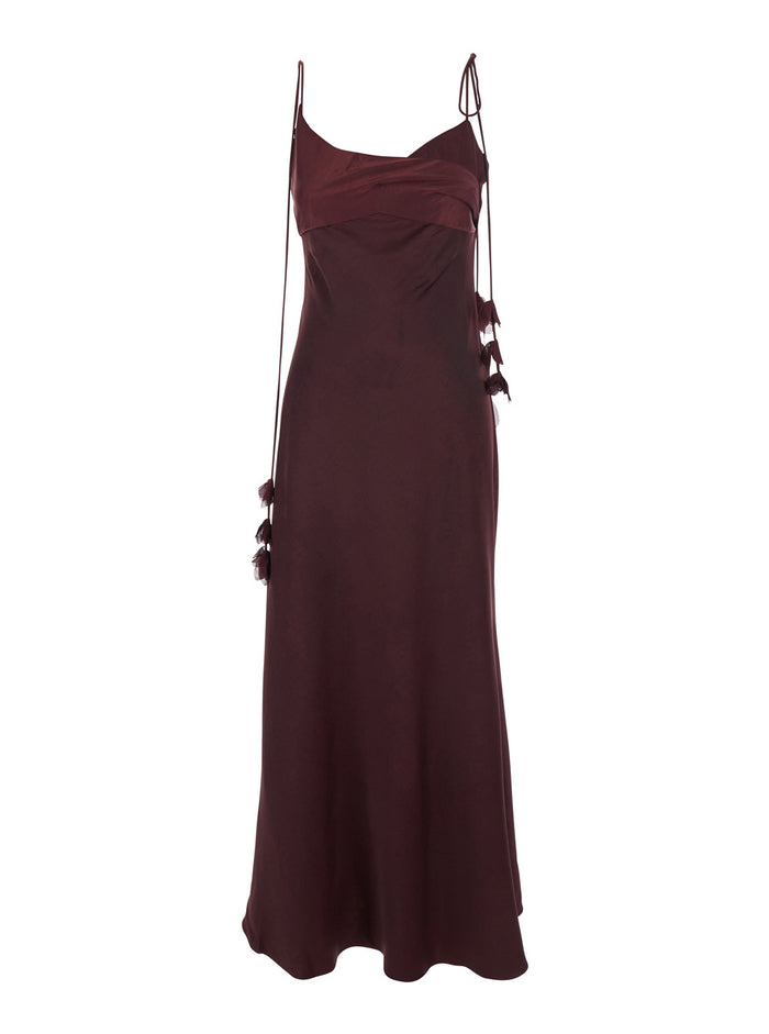 Long Dress Bordeaux With Tied Straps And Floral Details Fabric For Women Polyester