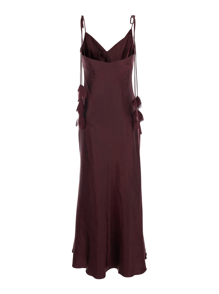 Long Dress Bordeaux With Tied Straps And Floral Details Fabric For Women Polyester