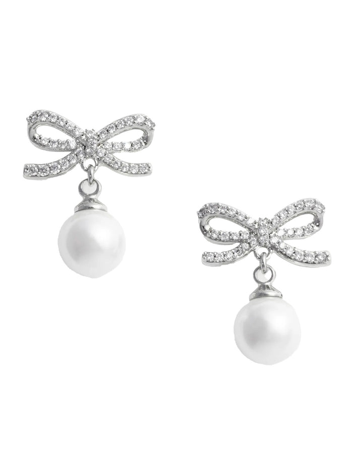 Earrings Bow Silhouette with Silver Color Copper Decoration for Women Metallic