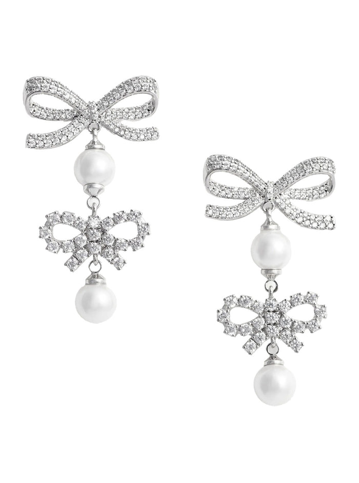Double Bow Earrings with All-Over Crystal Decoration in Silver-Colored Copper for Women Metallic