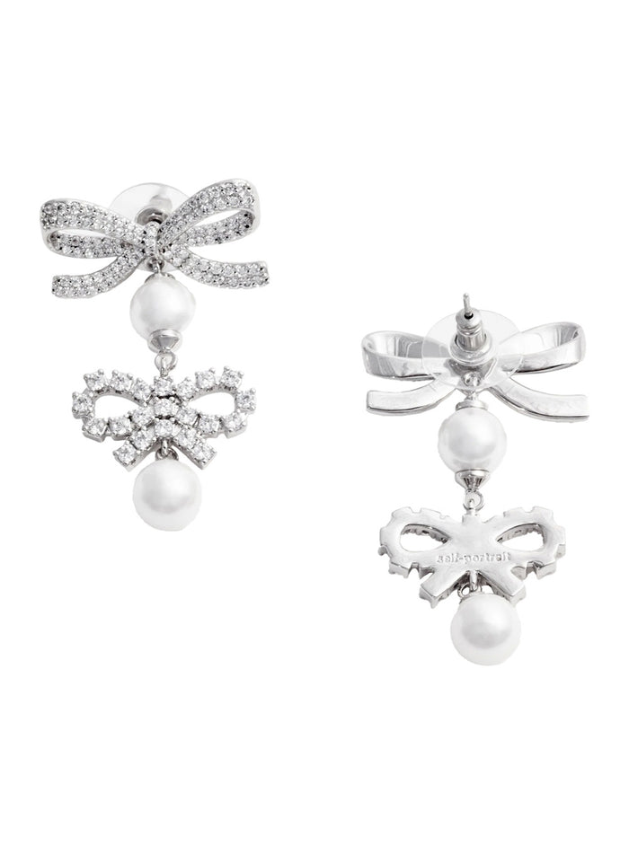 Double Bow Earrings with All-Over Crystal Decoration in Silver-Colored Copper for Women Metallic