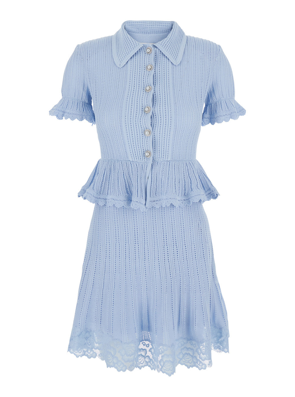 Mini Dress Blue Pointelle Peplum Knit With Short Sleeves And In Tech Fabric For Women Blu