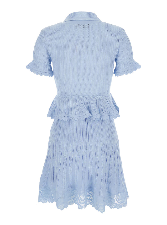 Mini Dress Blue Pointelle Peplum Knit With Short Sleeves And In Tech Fabric For Women Blu