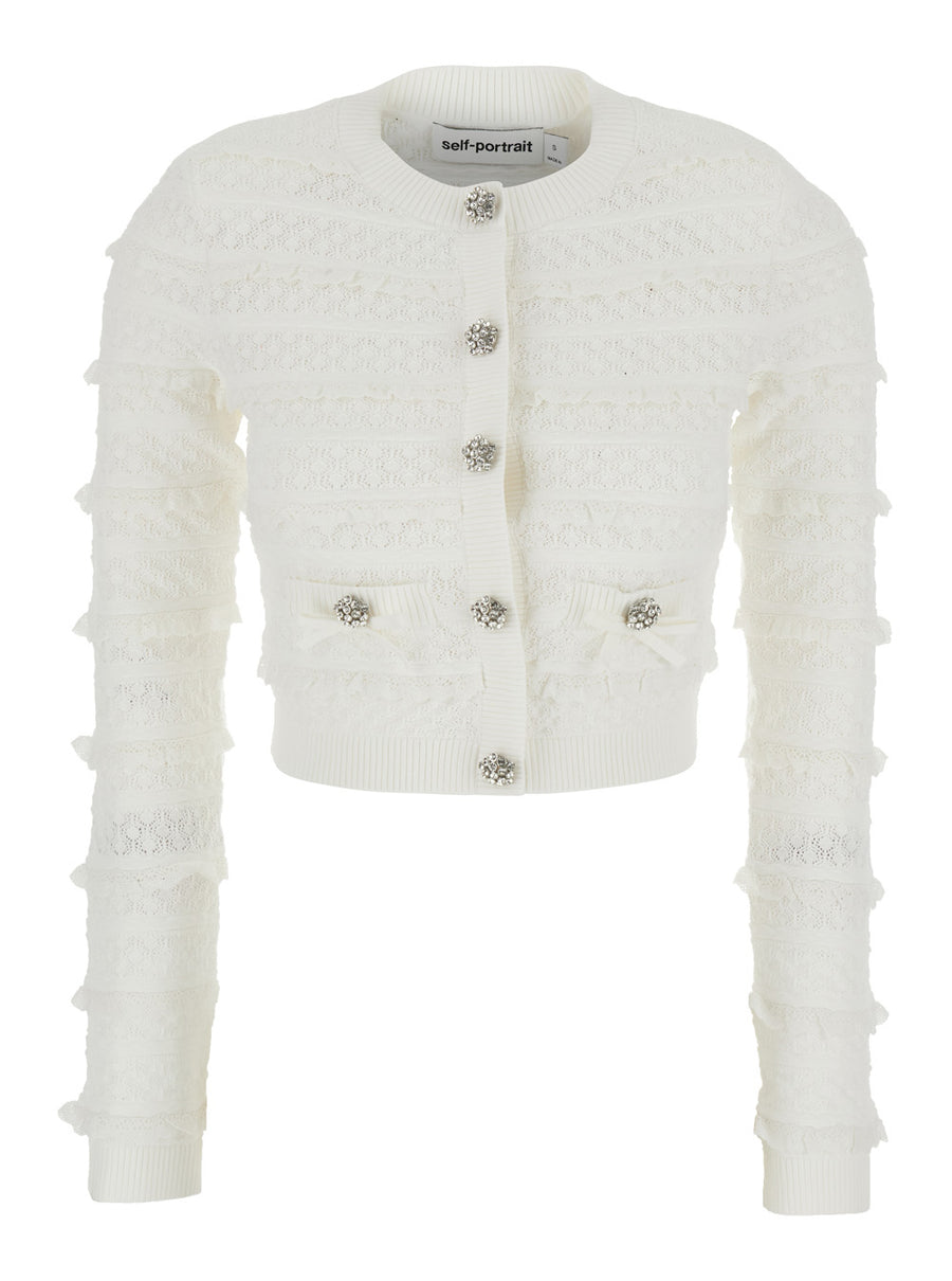 Cardigan White Pointelle Diamante Knit Tops