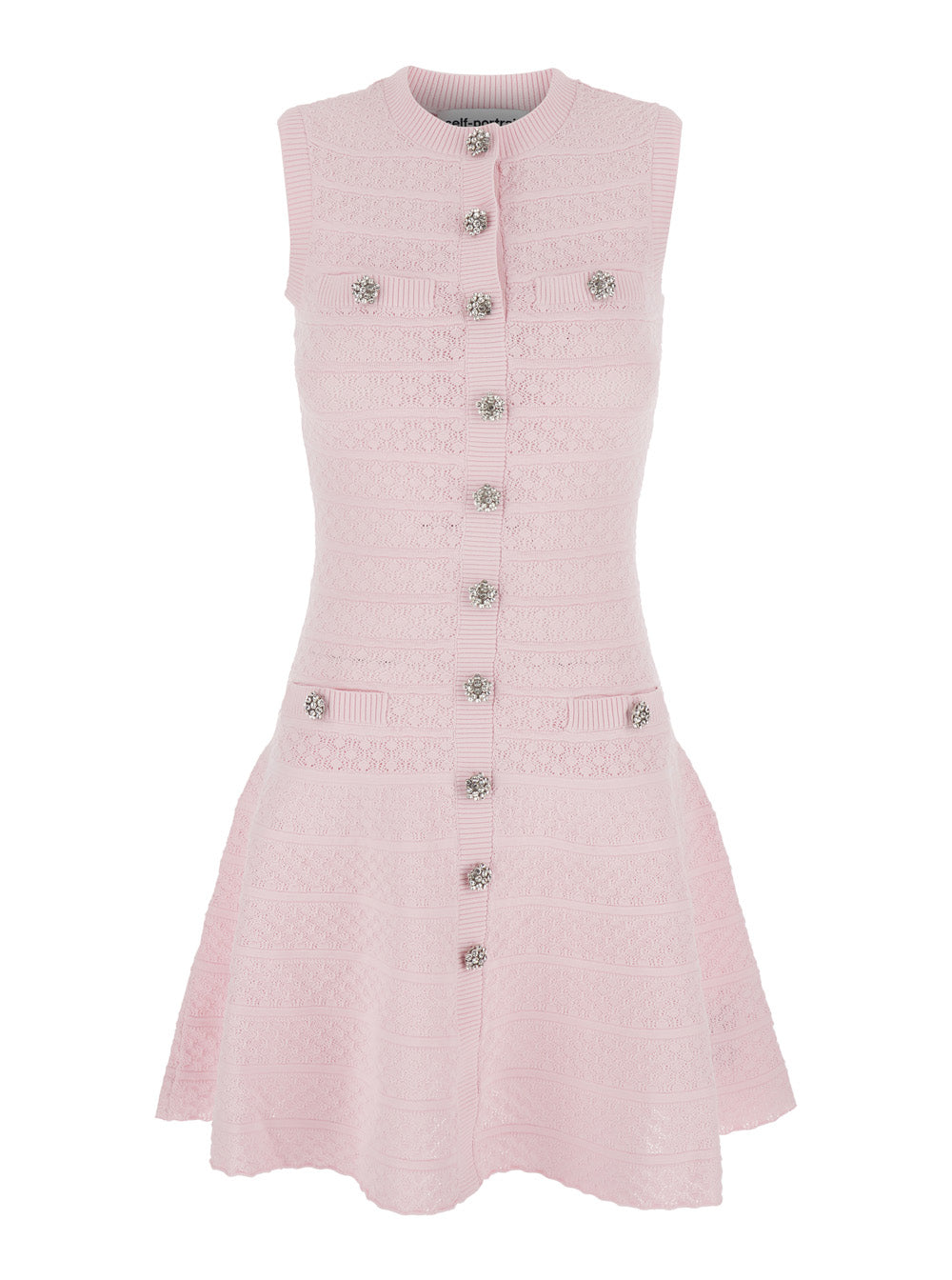 Dress Mini Pink Pointelle Diamante Knit With Short Sleeves And Mesh Details In Fabric For Women