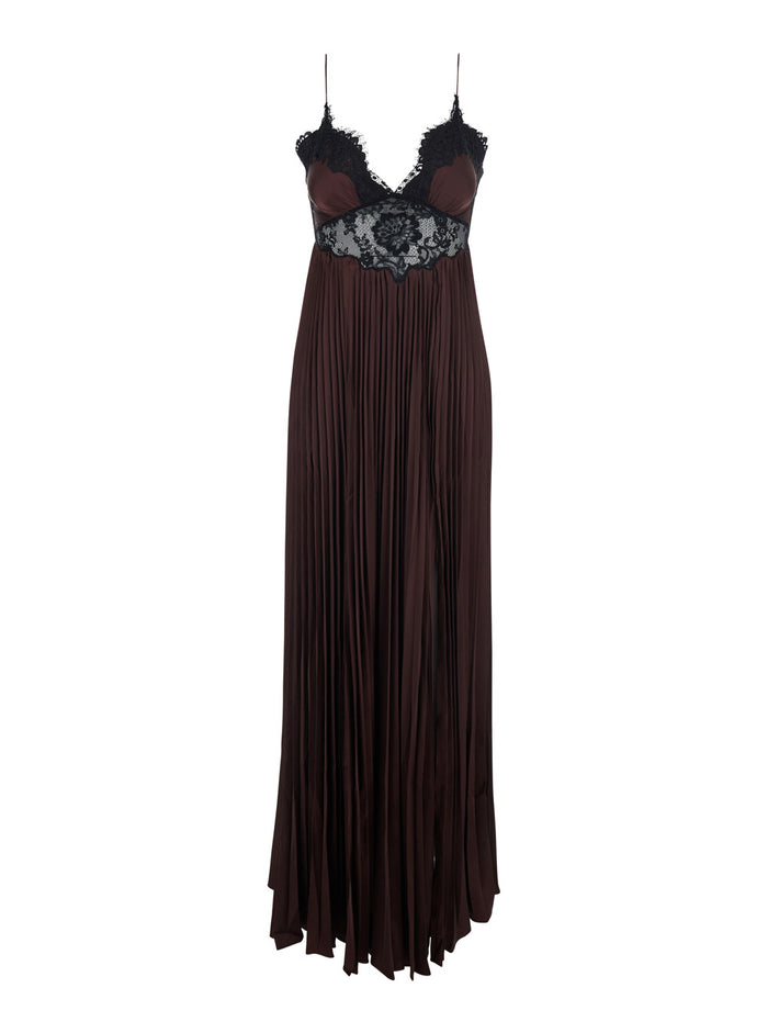 Dress Brown Satin Lace Insert Maxi With Inserts Long