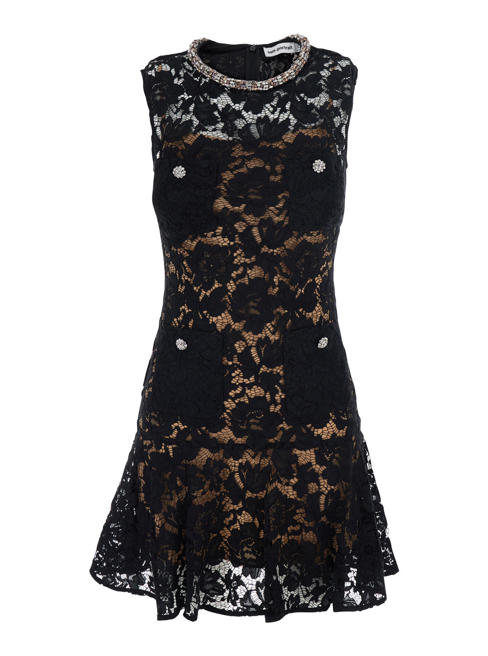 Dress Black Lace Crystal Mini With And Details - Fabric Women