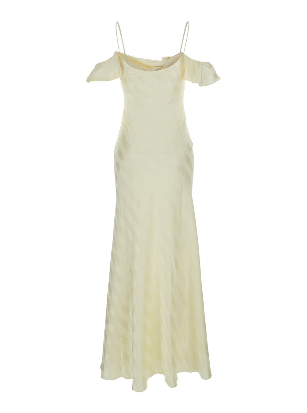 Dress Yellow Satin Striped Maxi With V-Neck In Silk For Women Long