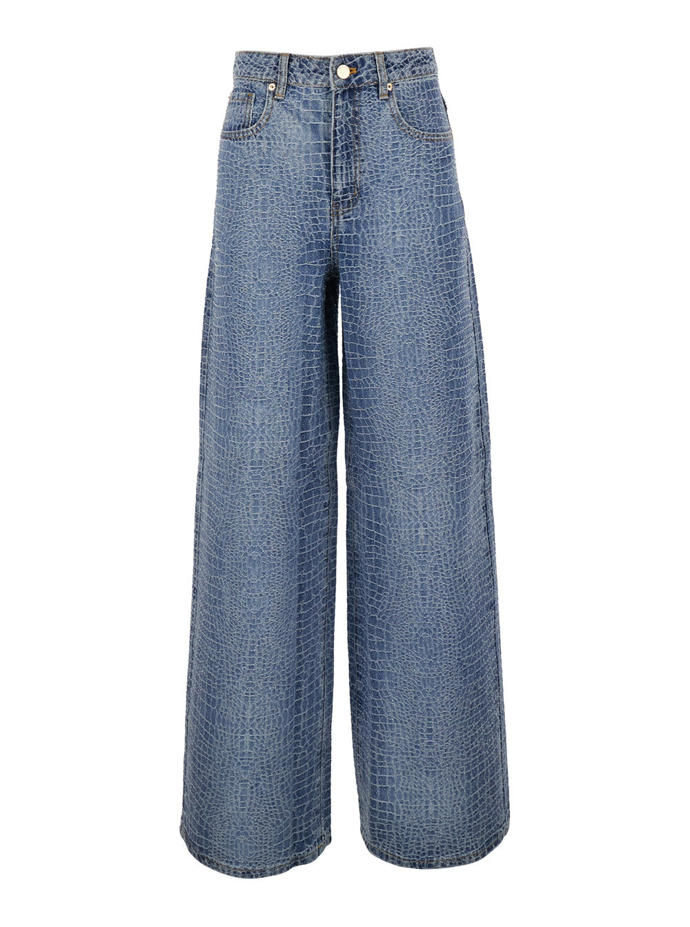 Wide Jeans Rhinestone Croc Effect Blue In Cotton For Women Blu